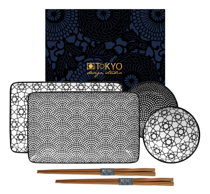 Set de assiettes avec baguettes noir / blanc - Nippon Noir - Set de 6 - 21 x 13,5 & 9,5 x 3 cm