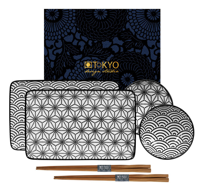 Set de assiettes avec baguettes noir / blanc - Nippon Noir - Set de 6 - 21 x 13,5 & 9,5 x 3 cm