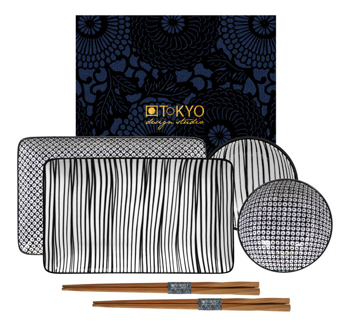 Set de assiettes avec baguettes noir / blanc - Nippon Noir - Set de 6 - 21 x 13,5 & 9,5 x 3 cm
