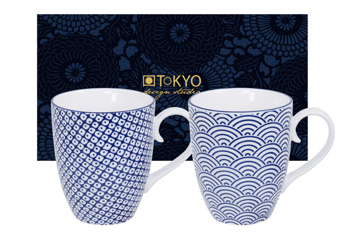 Ensemble de tasses vagues Bleus / Blancs / gouttes de pluie - Bleu Nippon - Ensemble de 2 pièces - 8,5 x 10,2 cm 380 ml