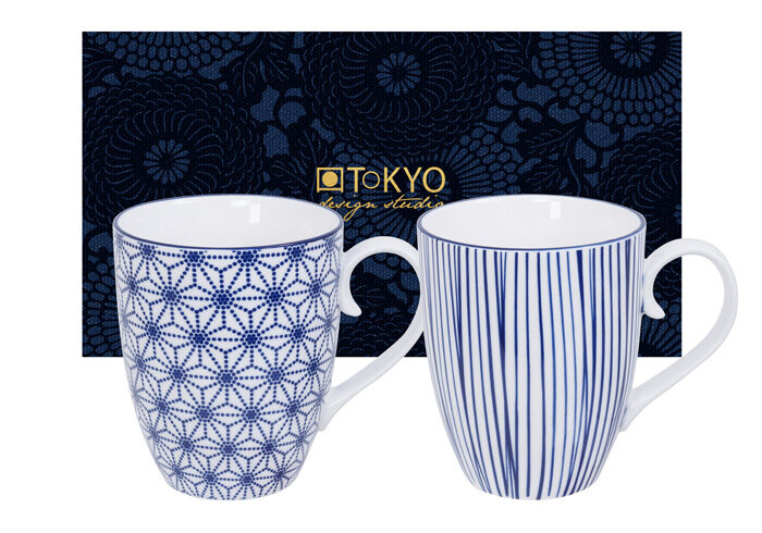 Tasse Bleu / Blanc Étoile / Lignes - Nippon Bleu - Set de 2 pièces - 8,5 x 10,2 cm 380ml