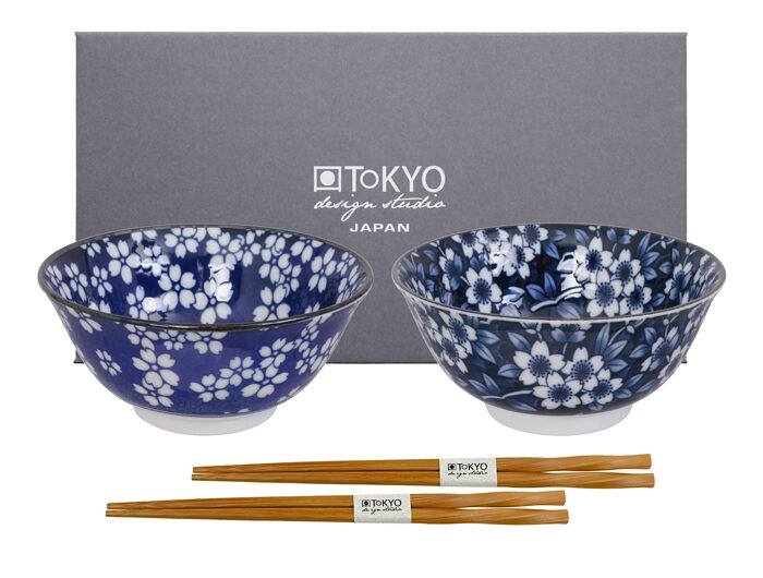 Bol bleu / blanc serti de baguettes - Bols mélangés - 2 paires - 14,8 x 7 cm 500 ml