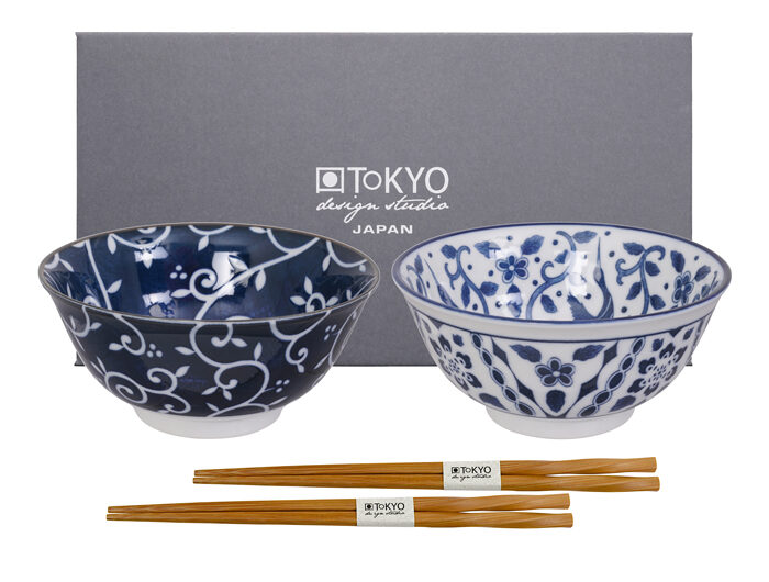 Bol bleu / blanc serti de baguettes - Bols mélangés - 2 paires - 14,8 x 7 cm 500 ml