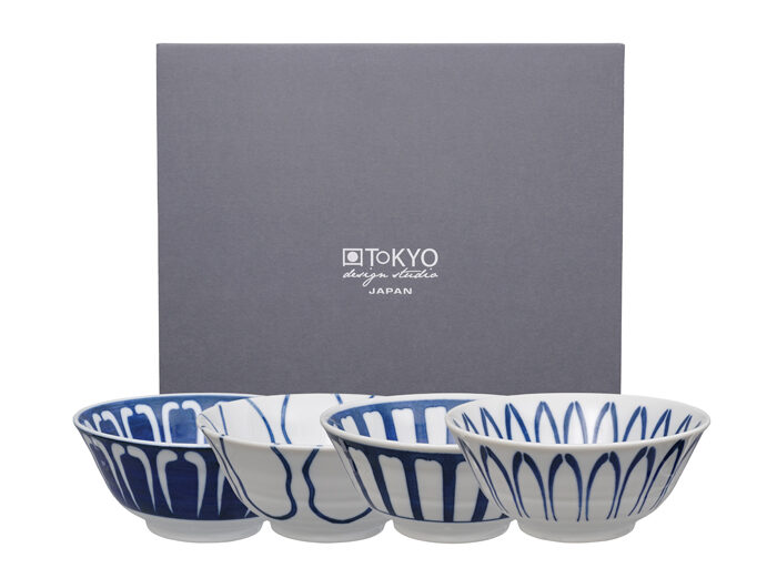 Bleu / Blanc Bol Set - Bols Mixtes - Ensemble de 4 - 15 x 6.8 cm 500 ml