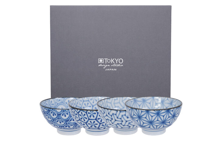 Bleu / Blanc Bol Set - Bols Mixtes - Ensemble de 4 - 12 x 6.5 cm 300ml