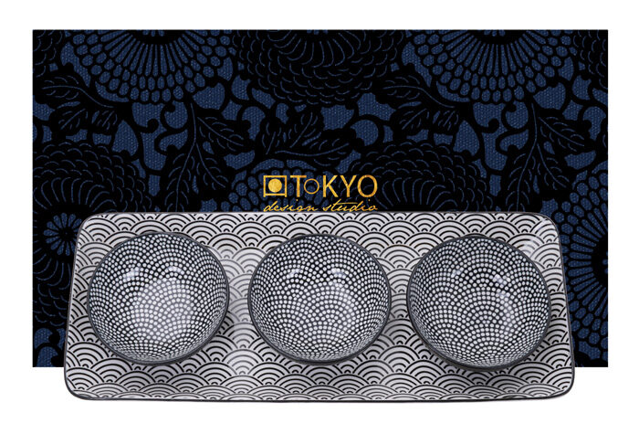 Ensemble d'assiettes vagues / pois noir / blanc - Nippon Noir - Ensemble de 4 - 33,5 x 13,7 x 2,1 cm