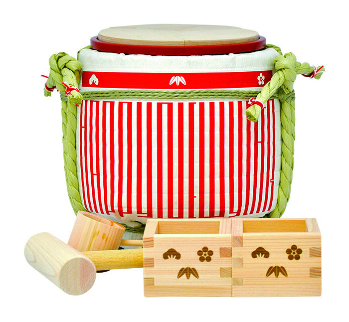 Ensemble à saké traditionnel rouge avec marteau et cuillère - 18 x 17,5 cm