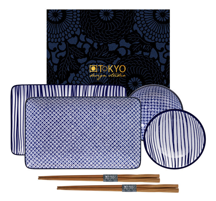 Set Assiette Bleu / Blanc avec Baguettes - Bleu Nippon - Set de 6 - 21 x 13,5 & 9,5 x 3 cm