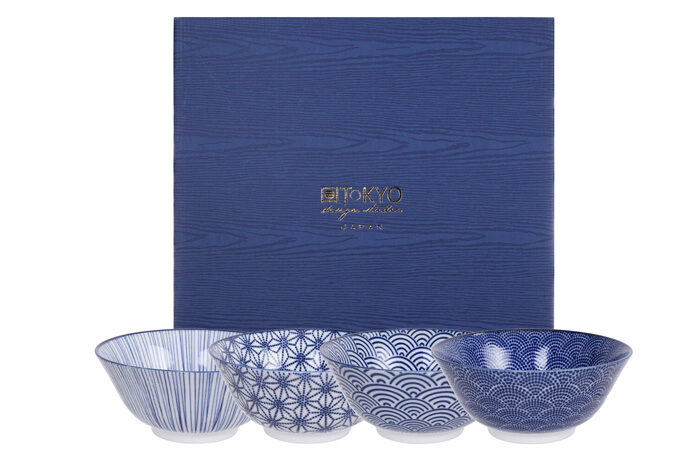 Set de Bol Bleu / Blanc - Bleu Nippon - Ensemble de 4 pièces - 15,2 x 6,7 cm 500ml