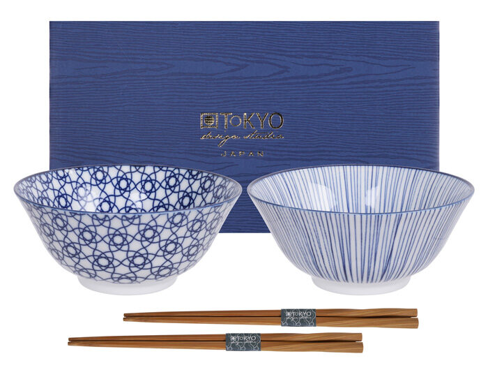 Bol Bleu / Blanc avec Baguettes - Bleu Nippon - 2 Paires - 15,2 x 6,7 cm