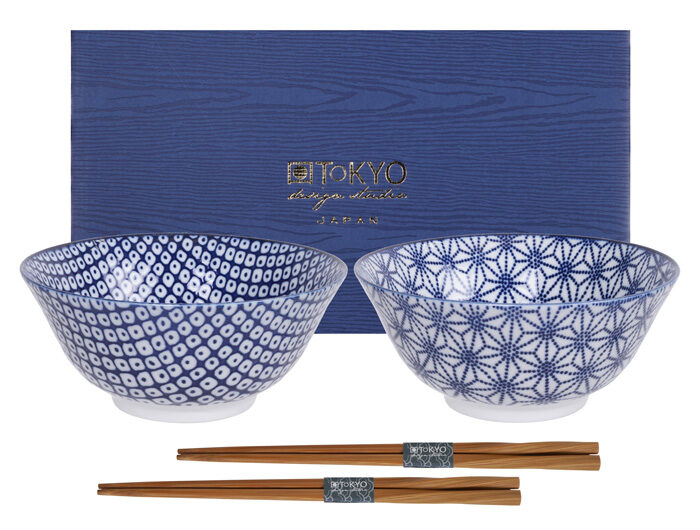 Bol Bleu / Blanc avec Baguettes - Bleu Nippon - 2 Paires - 15,2 x 6,7 cm