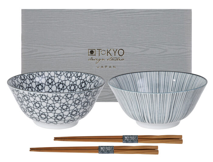Bol Noir / Blanc avec Baguettes - Nippon Noir - Lot de 2 paires - 15.2 x 6.7 cm 500 ml