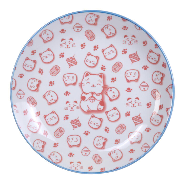 Assiette rouge / Blanc - Chat porte-bonheur - 25,3 x 5 cm