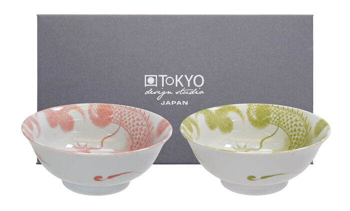 Bol rouge / vert avec motif dragon - Bols mélangés - Lot de 2 - 21 x 8,6 cm 1000 ml