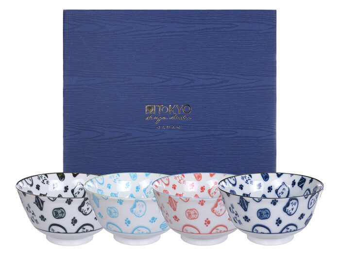 Set de 4 bols colorés - Chat porte-bonheur - Ensemble de 4 - 12,7 x 6,5 cm 300ml