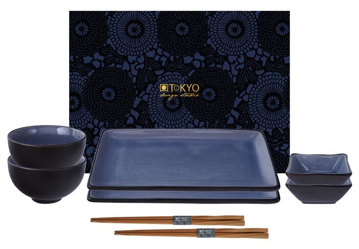 Ensemble de sushis noir / bleu avec baguettes - Verre bleu - Ensemble de 8 pièces
