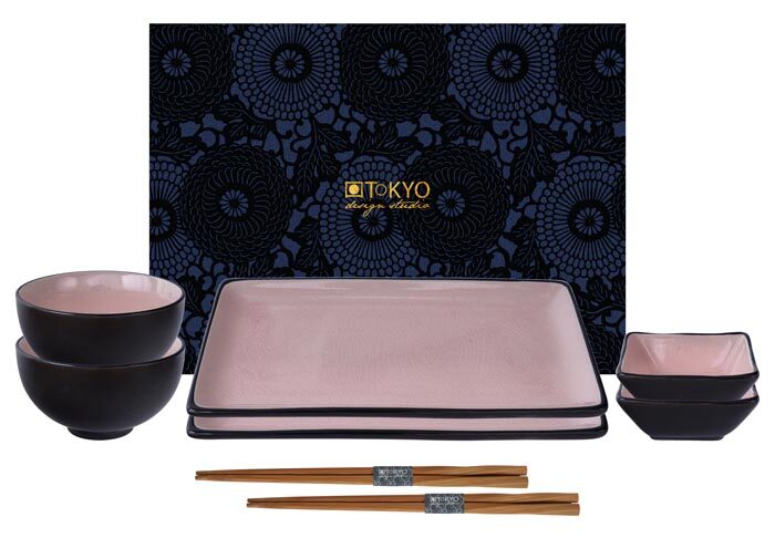 Set Sushi noir / rose avec baguettes - Bleu vitreux - Set de 8 pièces