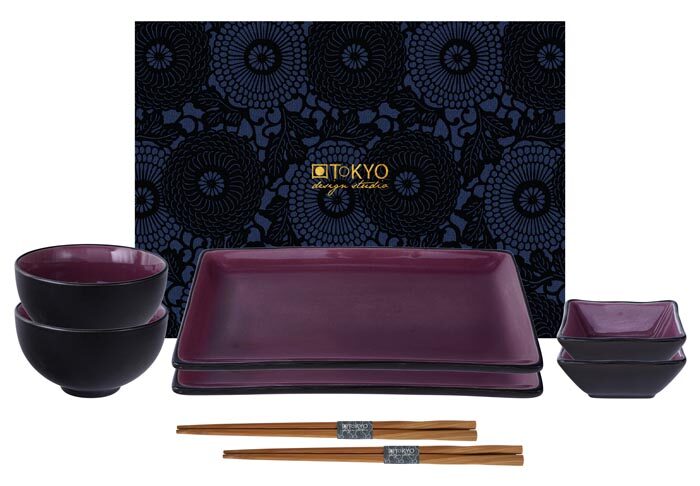 Set de Sushi Noir / Violet avec Baguettes - Bleu Vitreux - Set de 8 pièces