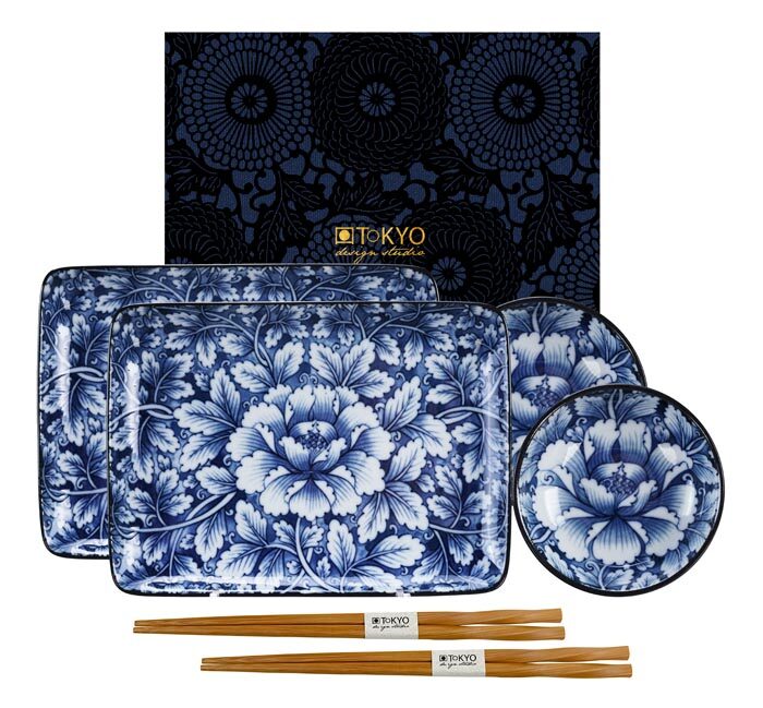 Set de Sushi Bleu / Blanc - Botan - Ensemble de 6 pièces - 21 x 13,5 cm