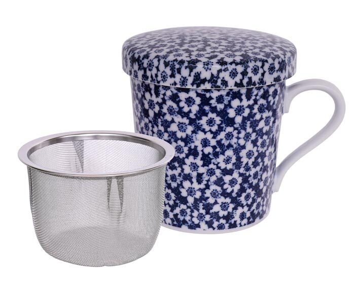 Tasse à thé Bleu / Blanc avec passoire en acier inoxydable