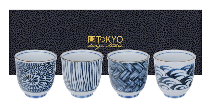 Ensemble de tasse à thé bleu / blanc - Lot de 4 - 8 x 7,9 cm