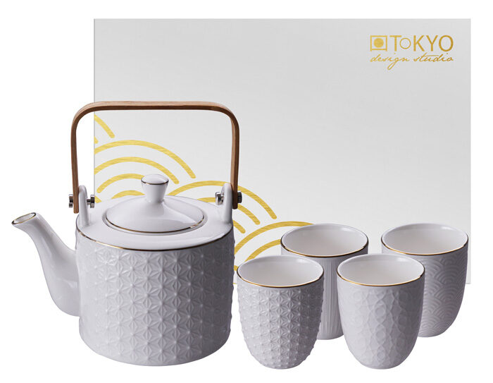 Service à thé blanc / doré avec des tasses - Nippon Blanc - Ensemble de 5 pièces - 800 ml