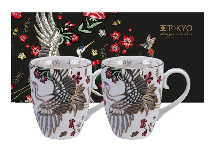 Ensemble de tasse Blanc avec coq - Grue mythique - Lot de 2 - 350 ml