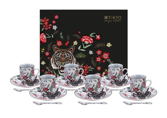 Ensemble d'espresso blanc avec figure de tigre - Magic Tiger - Ensemble de 18 pièces