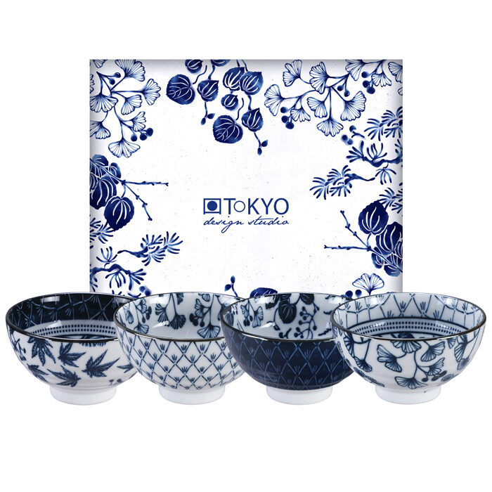 Set Bol Bleu / Blanc - Flora Japonica - Set de 4 - 12 x 6,3 cm 300 ml