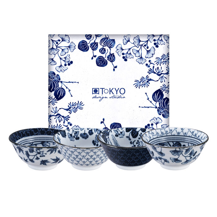 Set Bol Bleu / Blanc - Flora Japonica - Set de 4 - 15,5x7cm 500 ml