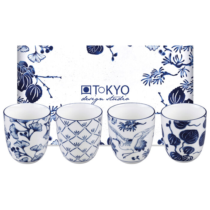 Ensemble de tasse bleu / blanc - Flora Japonica - Ensemble de 4 - 6,7 x 7,7 cm 170 ml