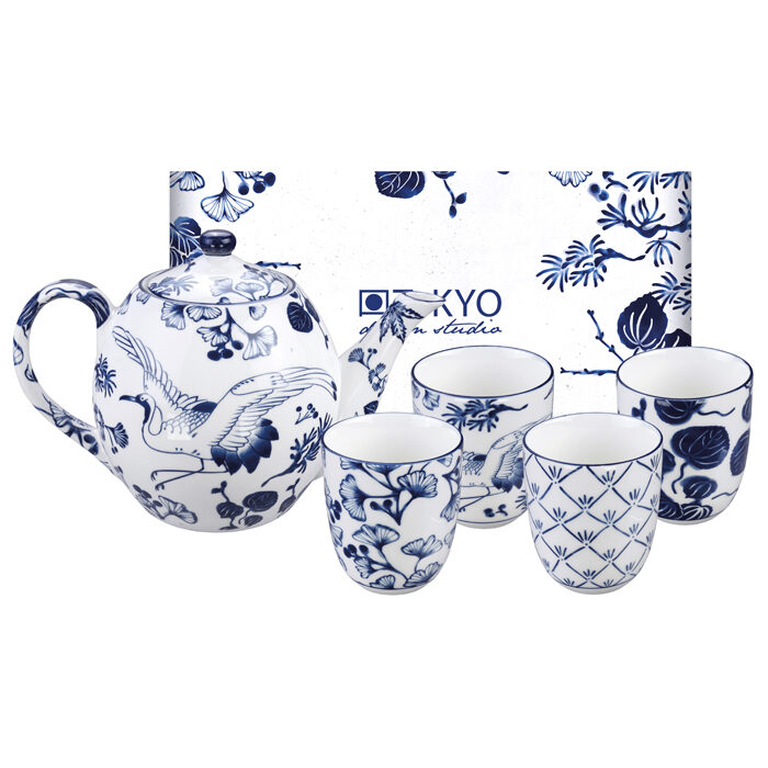 Service à thé bleu / blanc - Flora Japonica Ensemble de 5 - 1200 ml et 170 ml