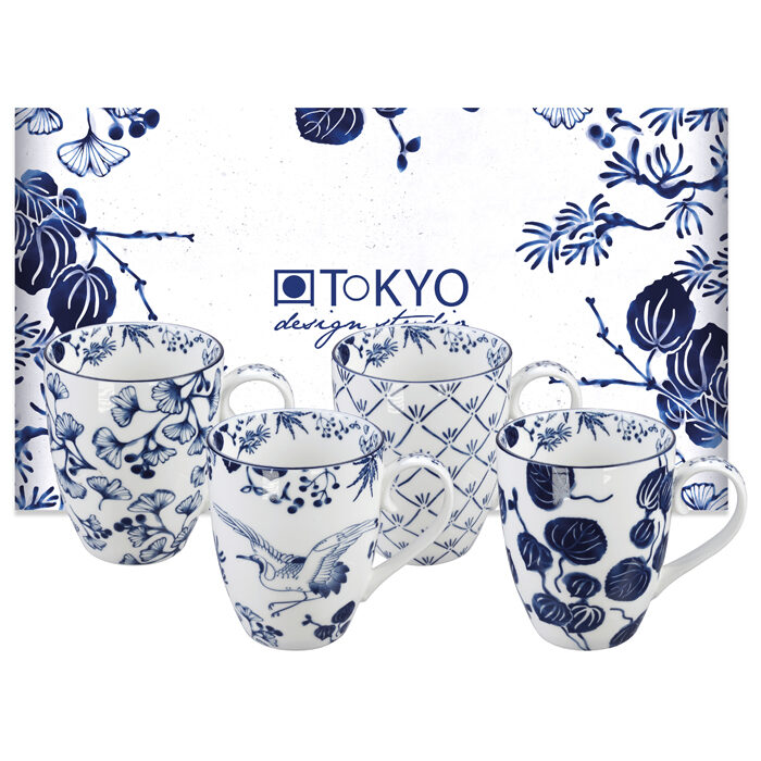 Ensemble de tasse bleu / blanc - Flora Japonica - Ensemble de 4 - 8,5 x 10,2 cm 380 ml