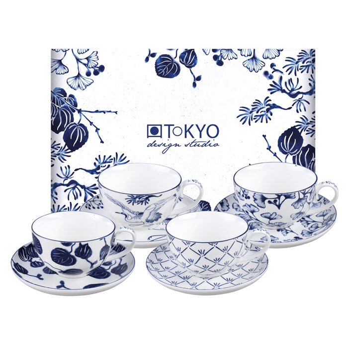 Ensemble tasse et soucoupe bleu / blanc - Flora Japonica - 4 paires - 250 ml