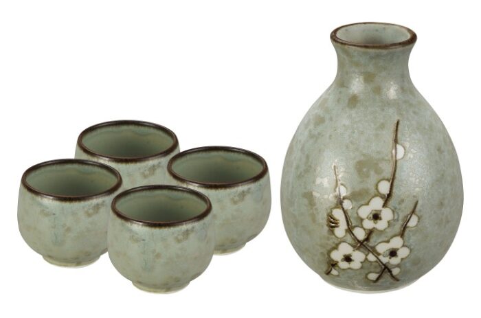 Set de saké vert menthe avec une bouteille de saké et 4 tasses - Soshun - 3,7 x 12 cm 50/290 ml
