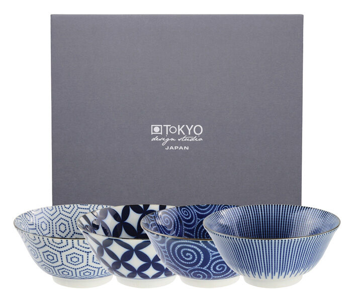 Bleu / Blanc Bol Set - Bols Mixtes - Ensemble de 4 - 13.5 x 7cm 550ml