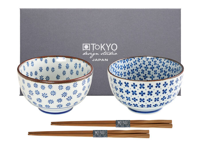 Set de bols à baguettes bleu / blanc - Bols mélangés - Set de 2 - 12,7 x 7,5 cm