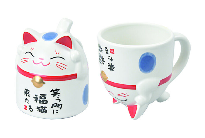 Tasse Blanc / rouge / Bleu - chats porte-bonheur - 8,5 x 9,8 cm 350 ml