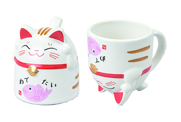 Tasse Blanc / Rouge / Rose - Chats porte-bonheur - 8,5 x 9,8 cm 350 ml