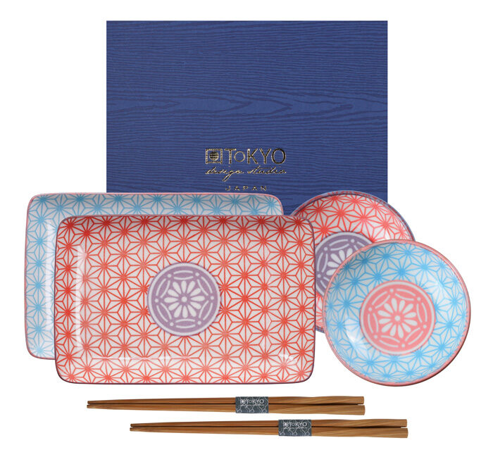 Assiette de sushi sertie de baguettes - Star Wave - Ensemble de 6 pièces - 21 x 13,5 cm et 9,5 x 3 cm