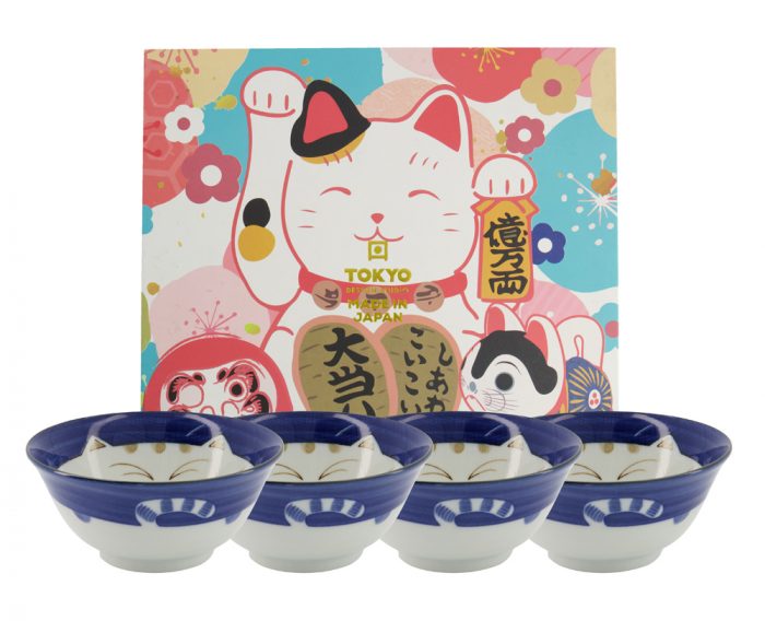 Tokyo Design Studio - Bols Mixtes - Kawaii - Coffret Cadeau - Luckycat Bleu - 4pcs 15x7cm