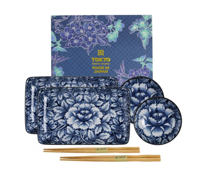 Tokyo Design Studio – Botan – Ensemble d'assiettes à sushi avec baguettes - Ensemble de 6 pièces - 20.5 x 13.2 cm et 9.4 x 3.1cm
