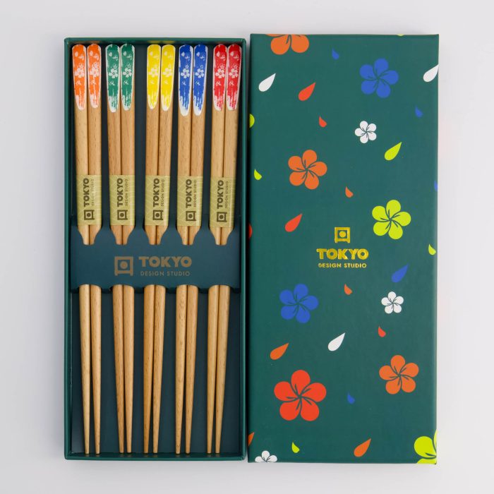 Tokyo Design Studio Coffret Cadeau Baguettes Bois Fleur Turquoise
