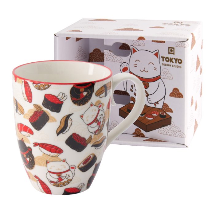 Tokyo Design Studio - Chat Chanceux Mignon - Tasse Avec Boîte-Cadeau - 8,5x10,2 cm 380 ml