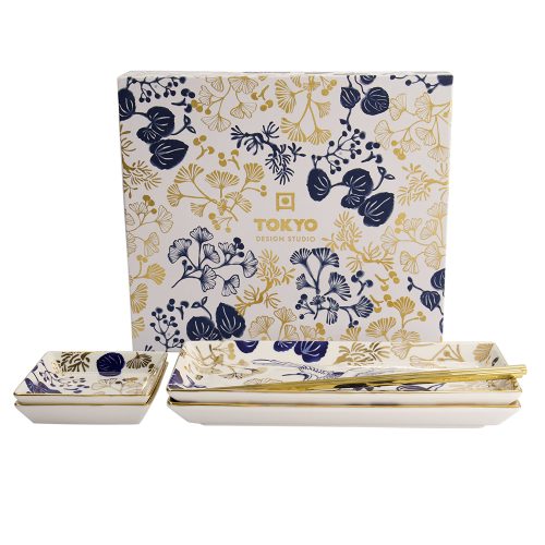 Tokyo Design Studio – Flora Japonica Gold – Sushi Borden Set – Met Giftbox en Eetstokjes – 4 Stuks
