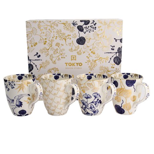 Tokyo Design Studio – Flora Japonica Gold – Mokkenset – Set van 4 stuks – 8.5 x 10.2cm - 380ml