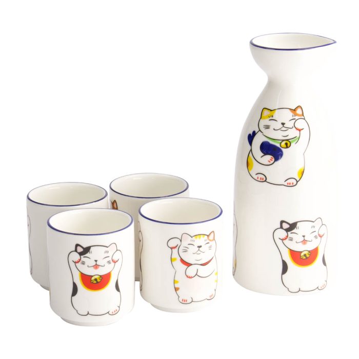 Tokyo Design Studio – Kawaii – Chat Porte-Bonheur - Ensemble de Sake – 4 Tasses – 1 Bouteille de Sake – 120/50 ml – Image 2