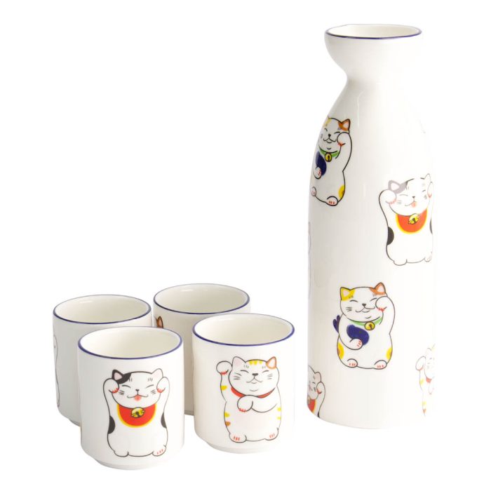 Tokyo Design Studio – Kawaii – Chat Porte-bonheur - Ensemble de Sake – 4 Tasses – 1 Bouteille de Sake – 220/50ML – Image 2