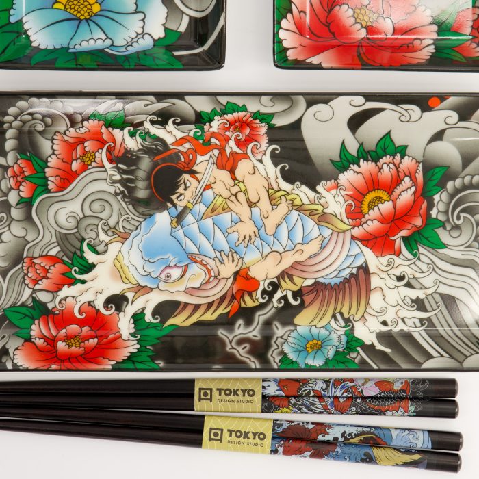 Tokyo Design Studio - Kawaii - Yakuza - Carpe - Assiette à Sushi - Coffret Cadeau - 4 pièces - avec Baguettes – Image 4