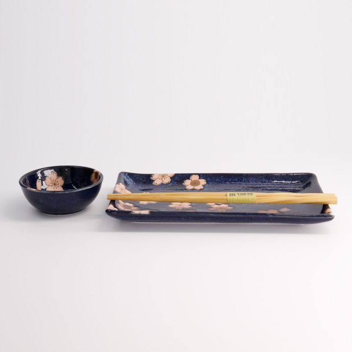 Tokyo Design Studio - Sakura - Ensemble Sushi Navy - 2 pièces avec baguettes - 22,5x12,7cm & 8,6x3,6cm – Image 2